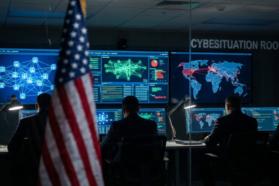 Sala de monitoramento de cibersegurança com visualizações de dados blockchain e bandeira dos EUA