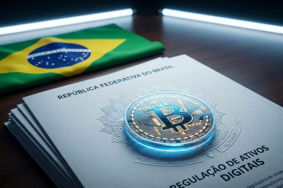 Moeda digital sobreposta a documentos jurídicos com a bandeira do Brasil desfocada ao fundo