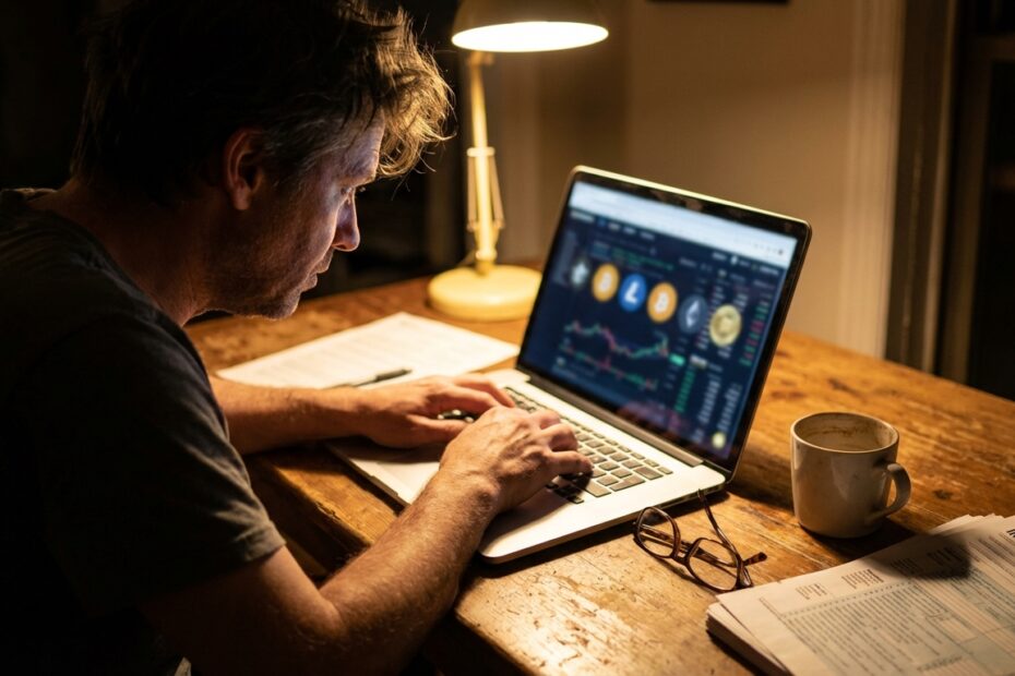 Pessoa utilizando notebook à noite com documentos financeiros sobre a mesa