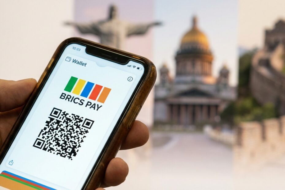 Smartphone exibindo interface do aplicativo BRICS Pay com código QR e símbolos financeiros