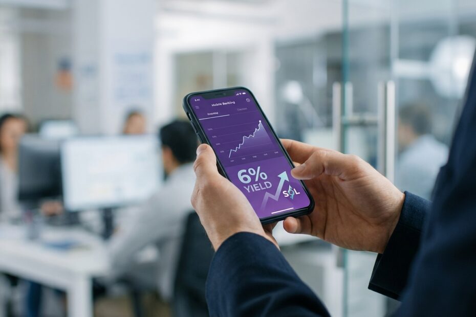 Pessoa segurando um smartphone com a tela exibindo a nova função de rendimento em criptomoedas no aplicativo