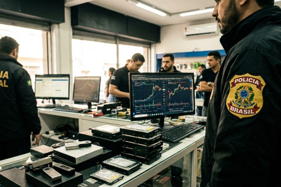 Agentes da Polícia Federal durante operação contra fraude em criptomoedas em loja de eletrônicos
