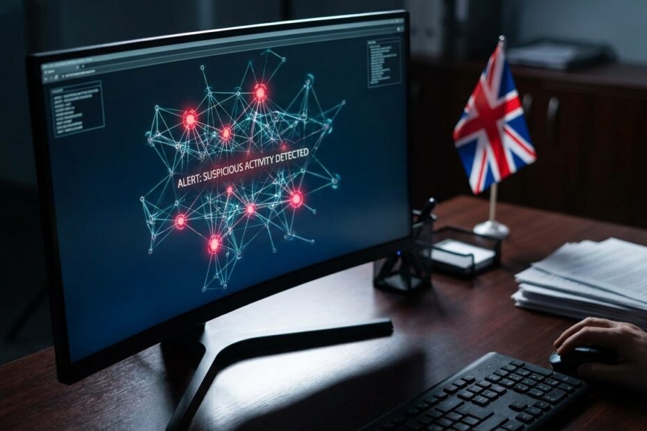 Tela de computador exibindo gráficos de transações de criptomoedas com alertas de risco vermelho em um escritório sombrio