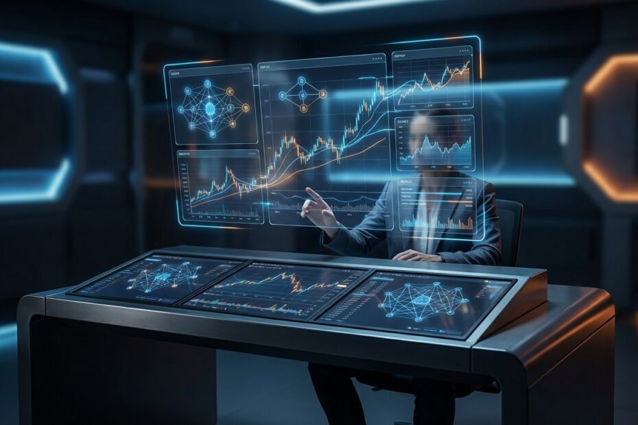 Interface holográfica representando a integração entre inteligência artificial e criptomoedas
