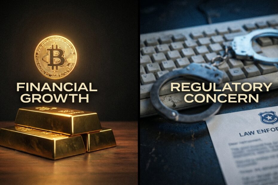 Ilustração realista mostrando um Bitcoin brilhante sobre barras de ouro, com algemas e teclado de computador desfocados ao fundo