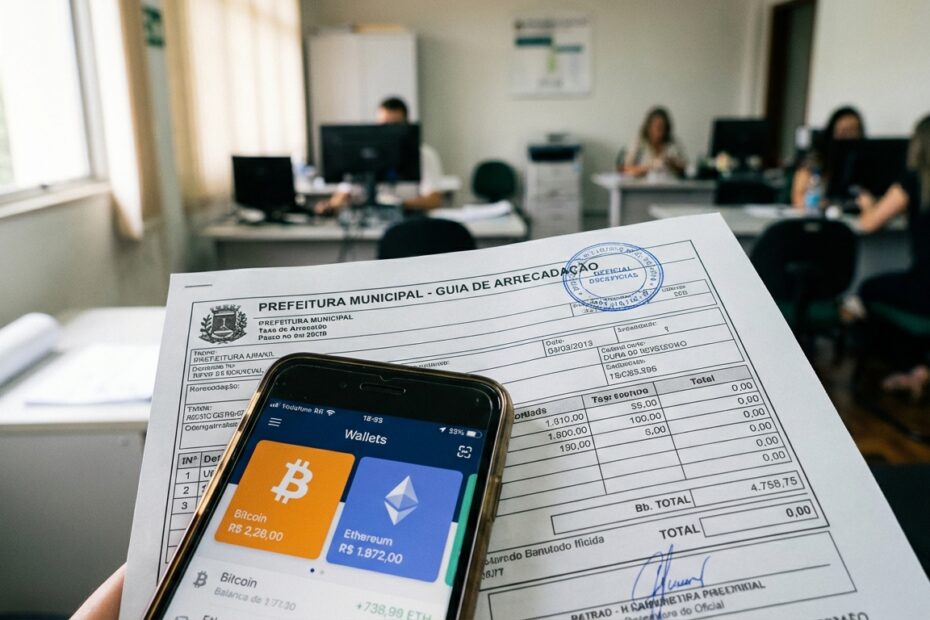 Smartphone com aplicativo de criptomoedas sobre documento de imposto municipal