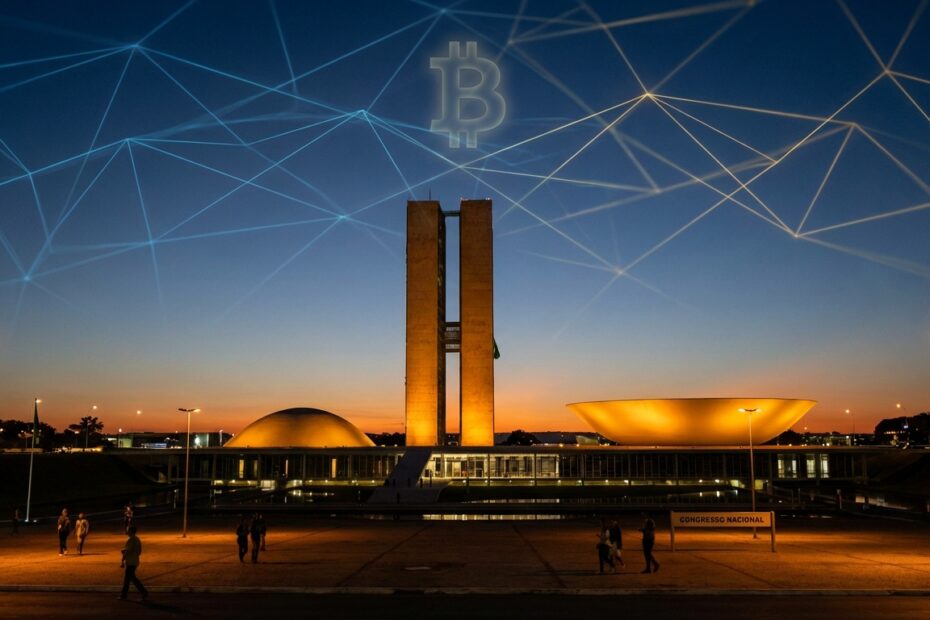 Fachada do Congresso Nacional brasileiro sob luz do entardecer com elementos digitais de criptomoedas no céu