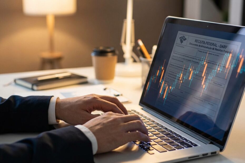 Pessoa digitando em notebook com gráficos de criptomoedas refletidos na tela do computador