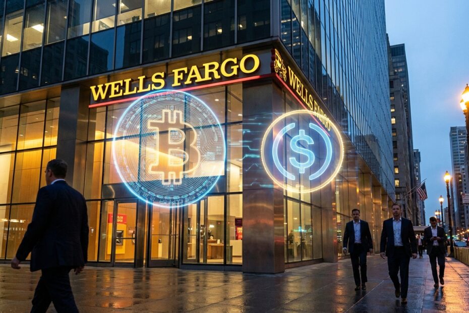 Fachada corporativa sugerindo a entrada de banco tradicional no setor de criptomoedas e ativos digitais