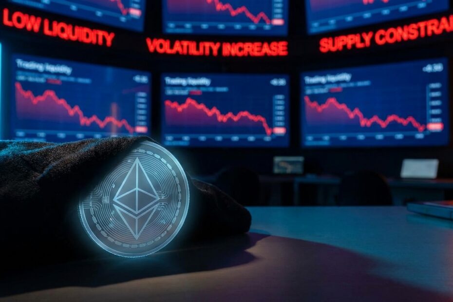 Representação visual da escassez de Ethereum com gráficos de mercado ao fundo