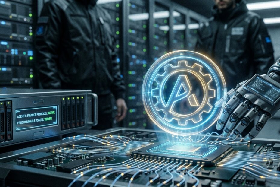 Representação digital de inteligência artificial processando transações em blockchain