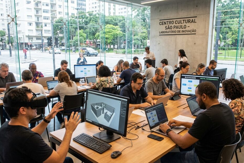 Alunos utilizando óculos de realidade virtual durante aula imersiva na Escola Metaverso SP