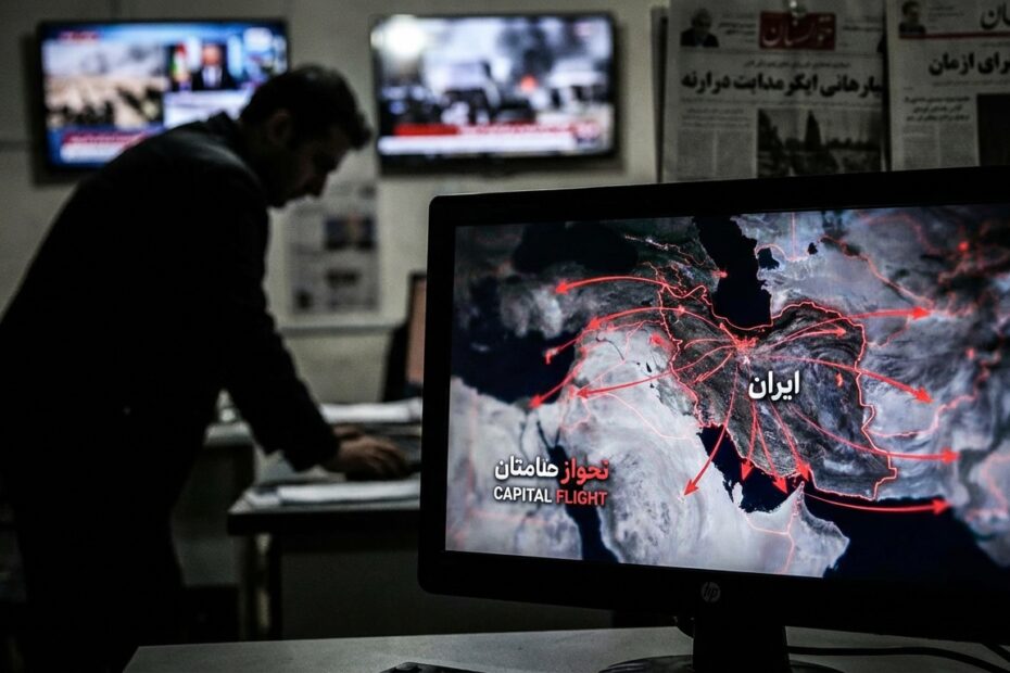 Gráfico digital ilustrando fluxo de saída de capitais do Irã através de criptomoedas