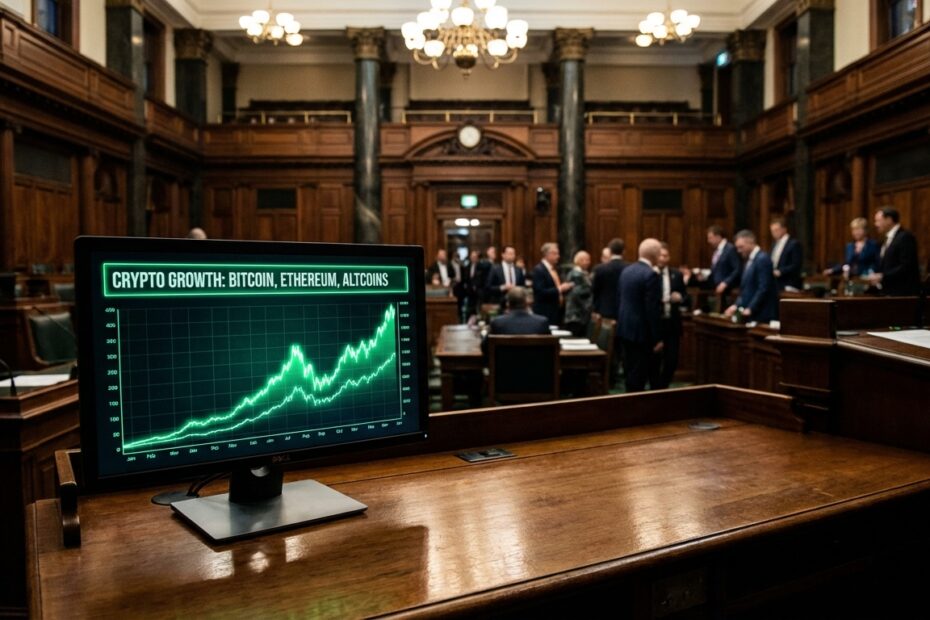 Interior de senado com monitor exibindo gráficos de criptomoedas em alta