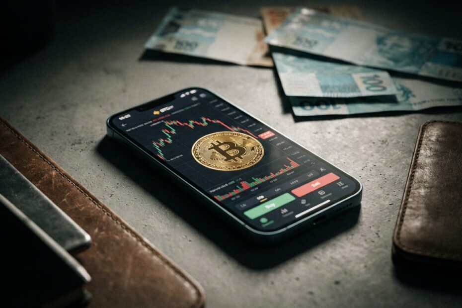 Smartphone com gráficos de criptomoedas ao lado de dinheiro brasileiro