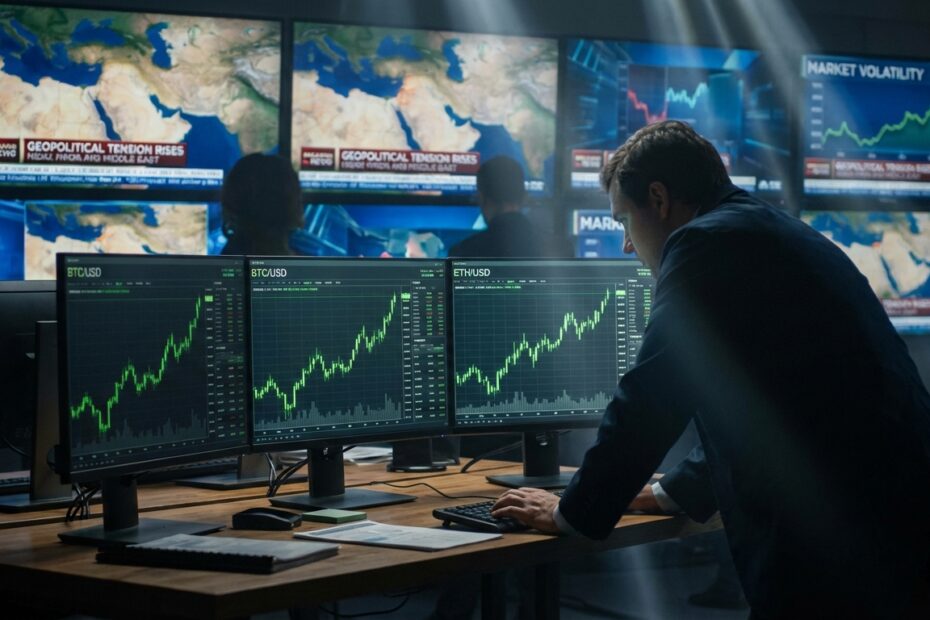 Gráficos de criptomoedas em alta em monitores de trading com mapas do Oriente Médio ao fundo