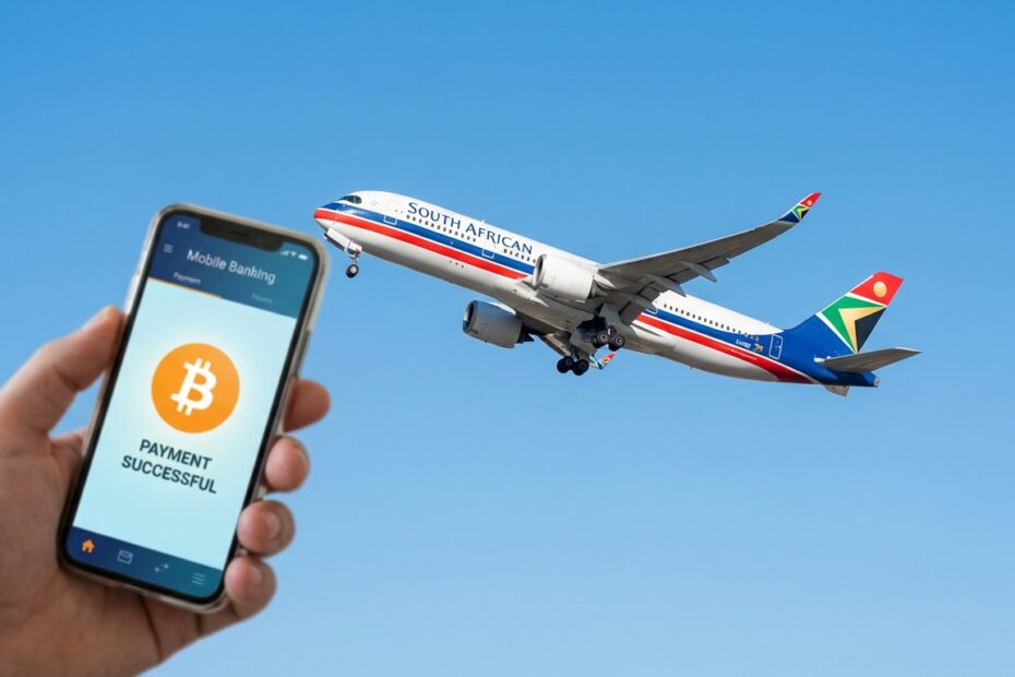 Avião da South African Airways decolando com referência a pagamento digital