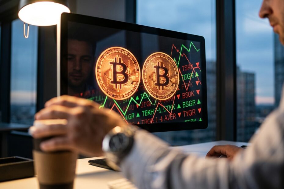 Gráficos financeiros em tela de monitor com símbolo do Bitcoin refletido