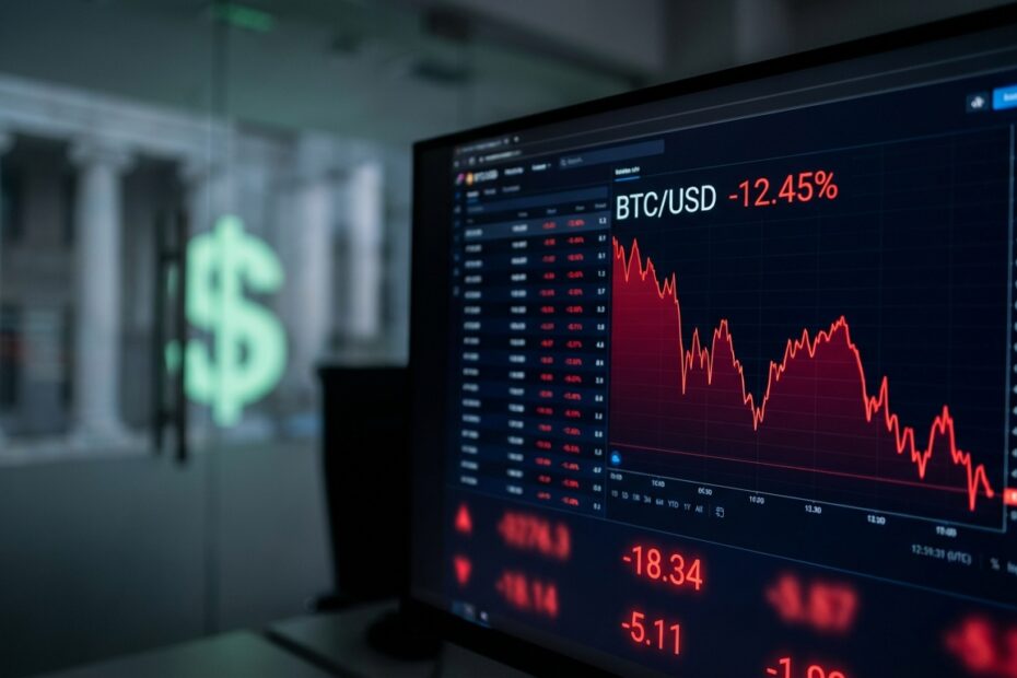 Gráfico financeiro em queda exibido em tela de computador com foco no recuo do mercado cripto