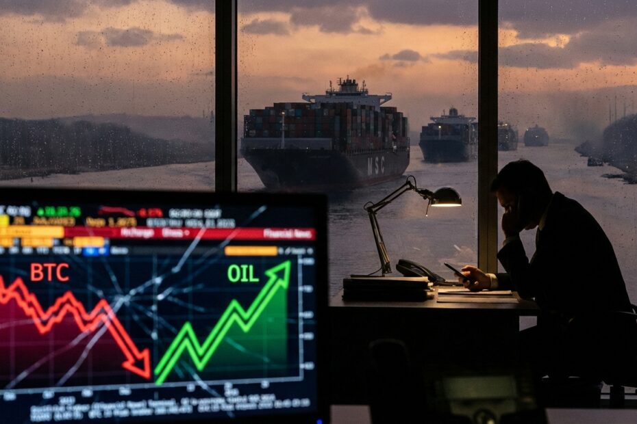 Gráfico financeiro mostrando queda do Bitcoin e alta do petróleo com navios ao fundo