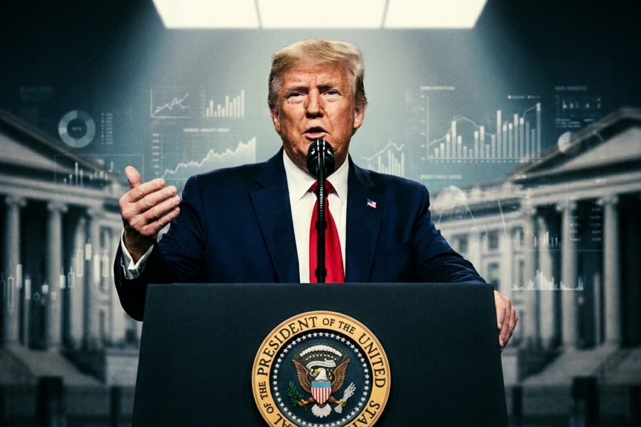 Donald Trump discursa com expressão séria sobre regulação financeira