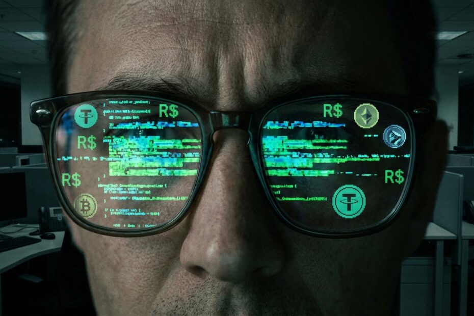 Reflexo de códigos de computador maliciosos e símbolos financeiros nos óculos de um usuário corporativo