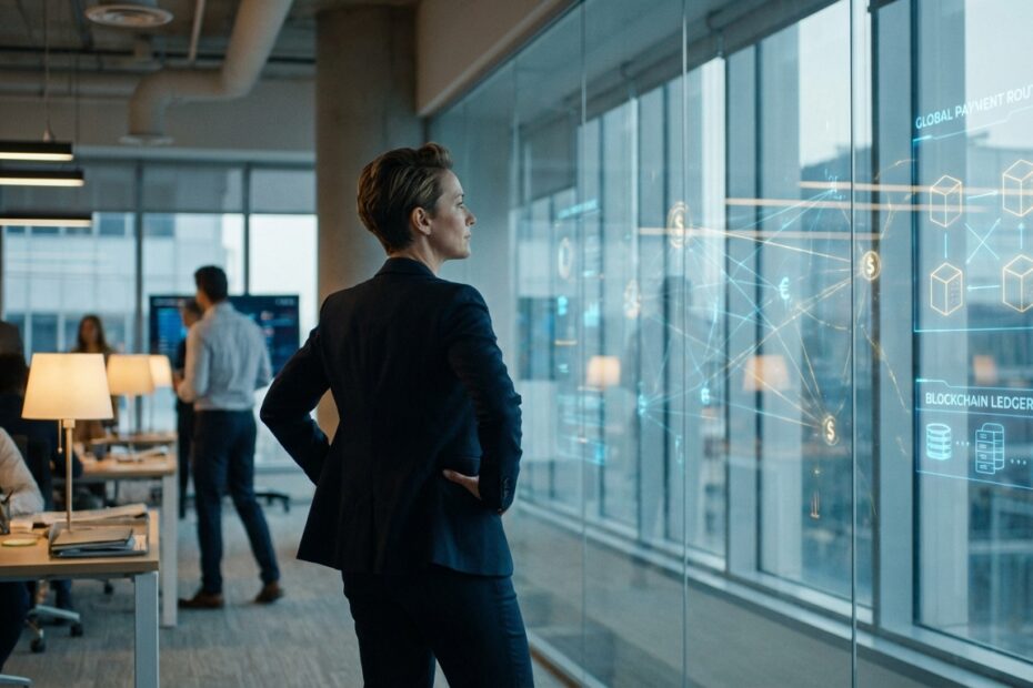 Executiva em escritório corporativo com projeções digitais de dados financeiros em vidro