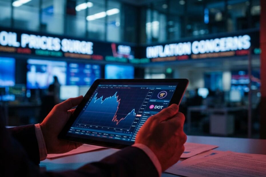 Gráficos financeiros em tablet mostram volatilidade de criptomoedas com foco em Pi Network e Polkadot