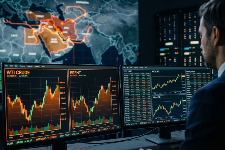 Painel financeiro digital com gráficos de petróleo e criptomoedas em cenário de tensão